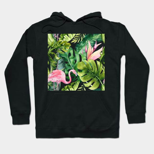 Watercolor Pink Flamingo + Tropical Foliage Pattern Hoodie by PixDezines